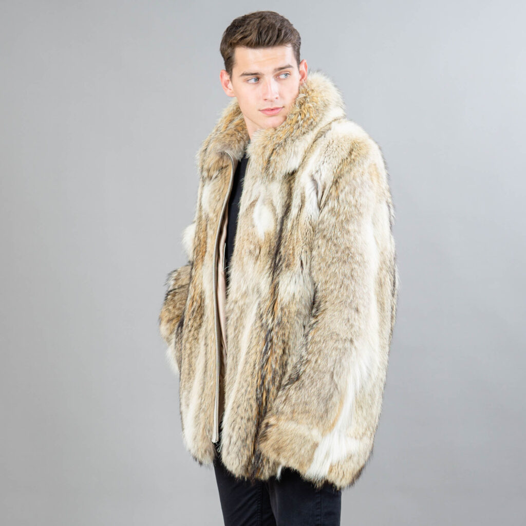 Coyote Fur Coat With A Collar In Beige Color 