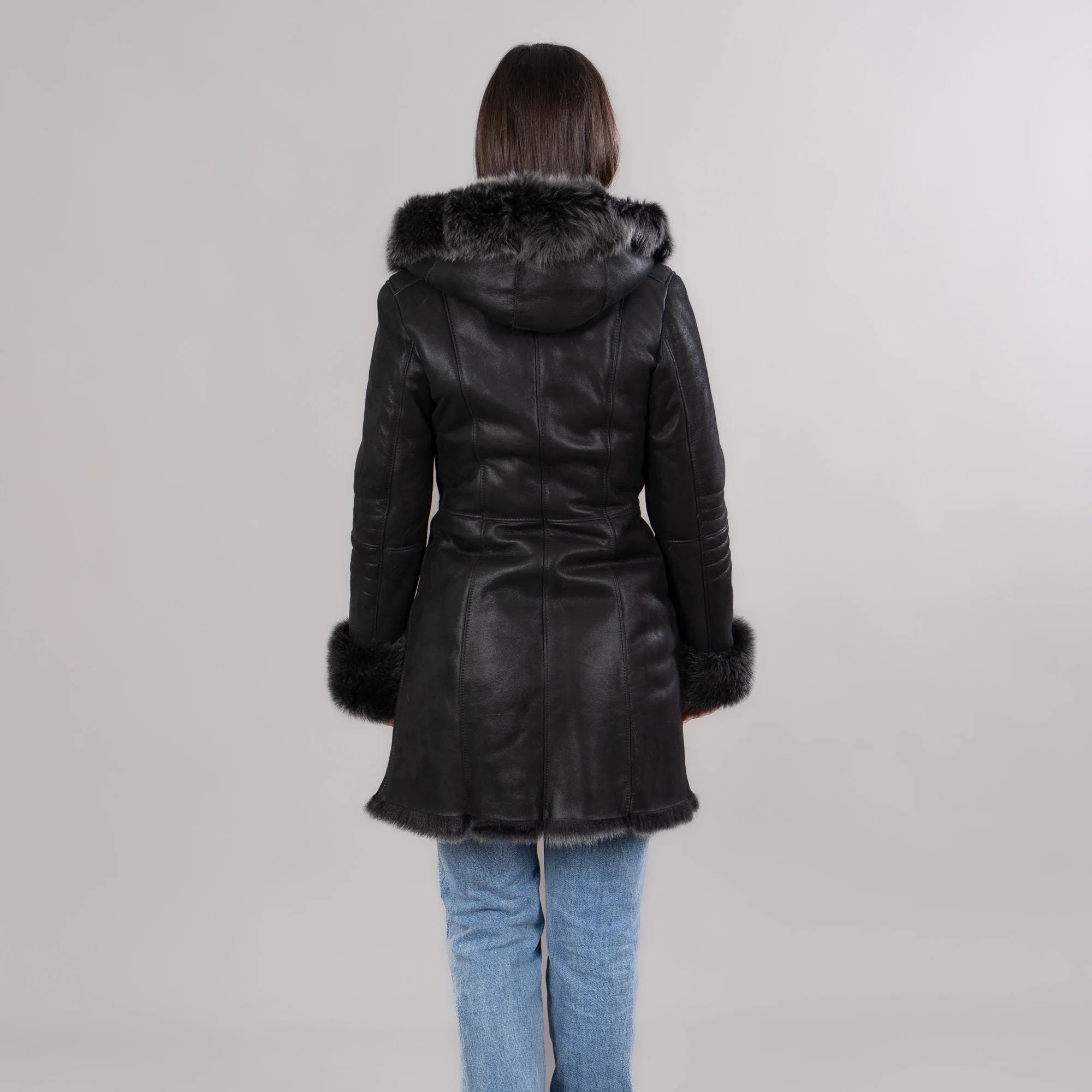 Black sheepskin coat with a hood