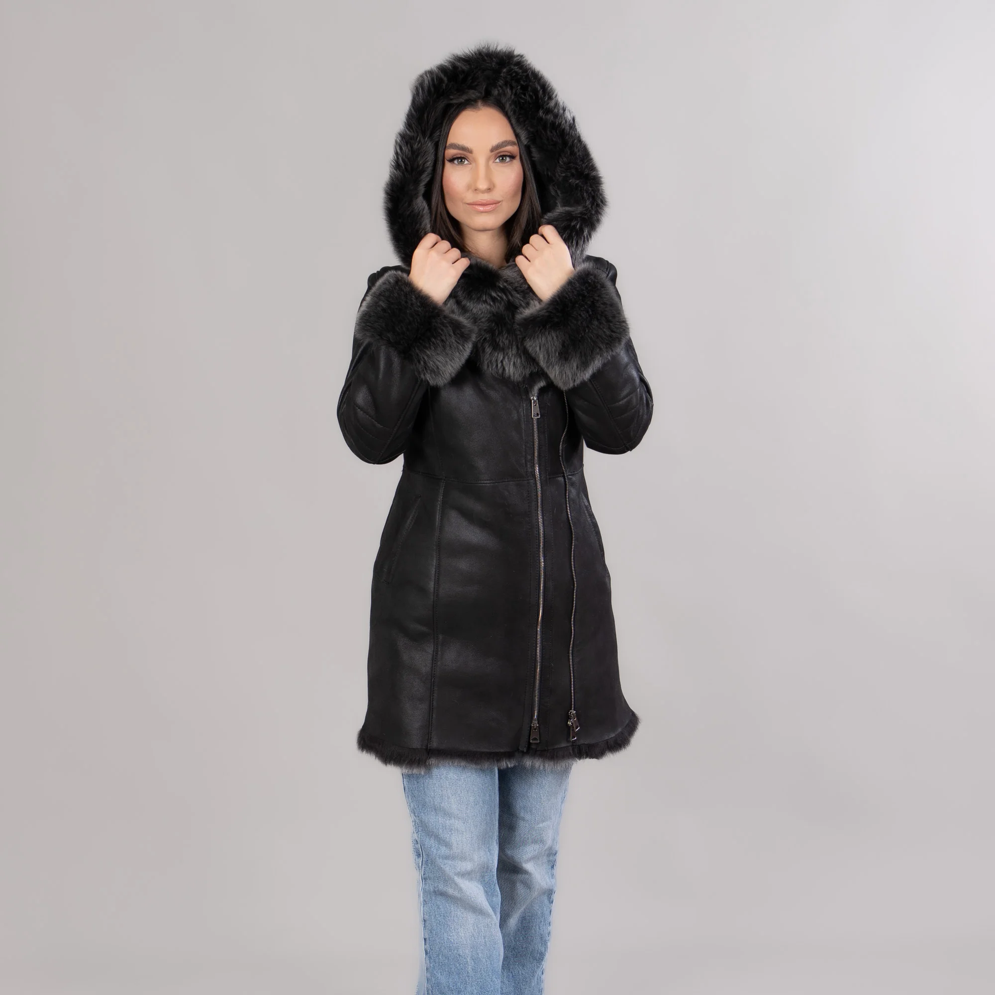 Black sheepskin coat with a hood