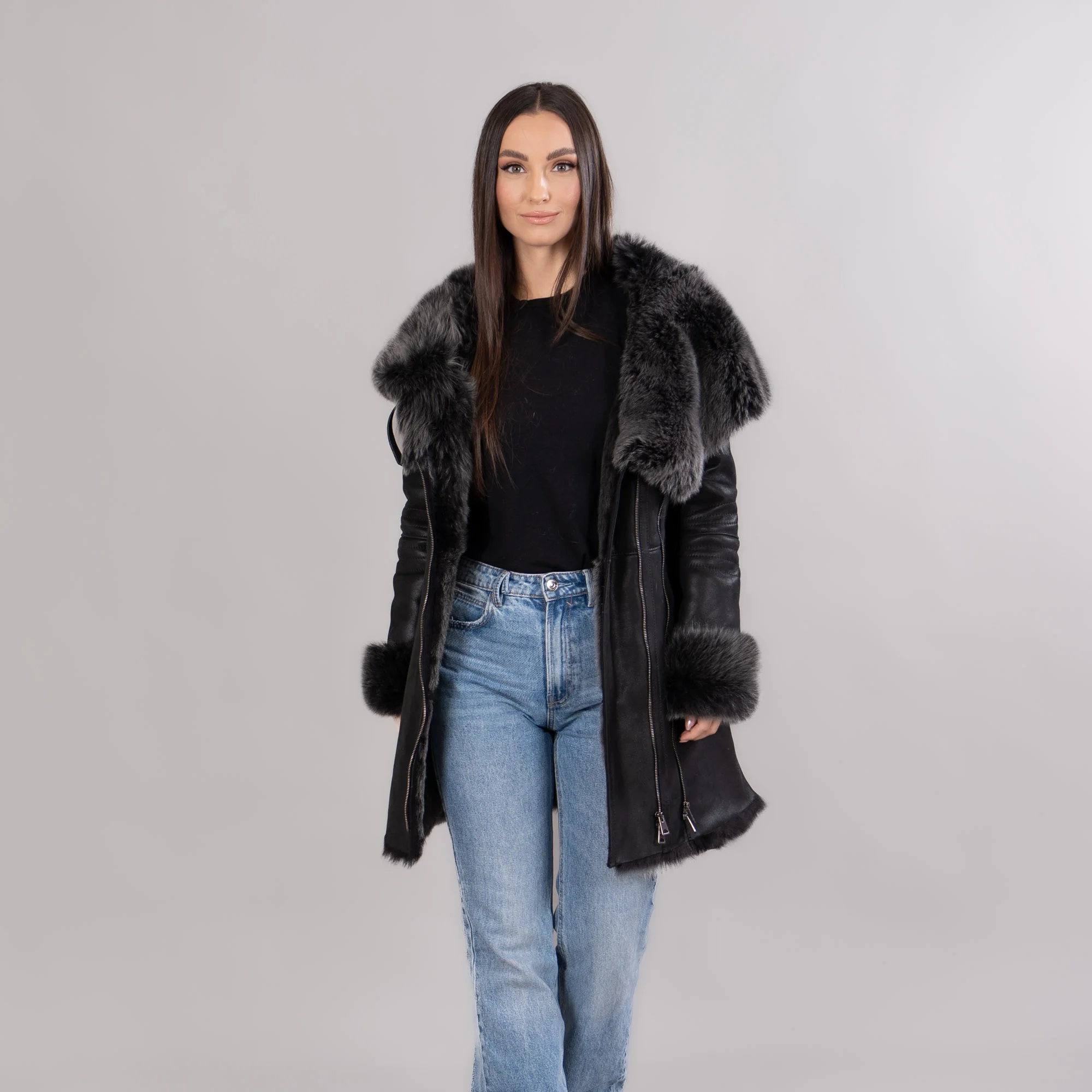 Black sheepskin coat with a hood