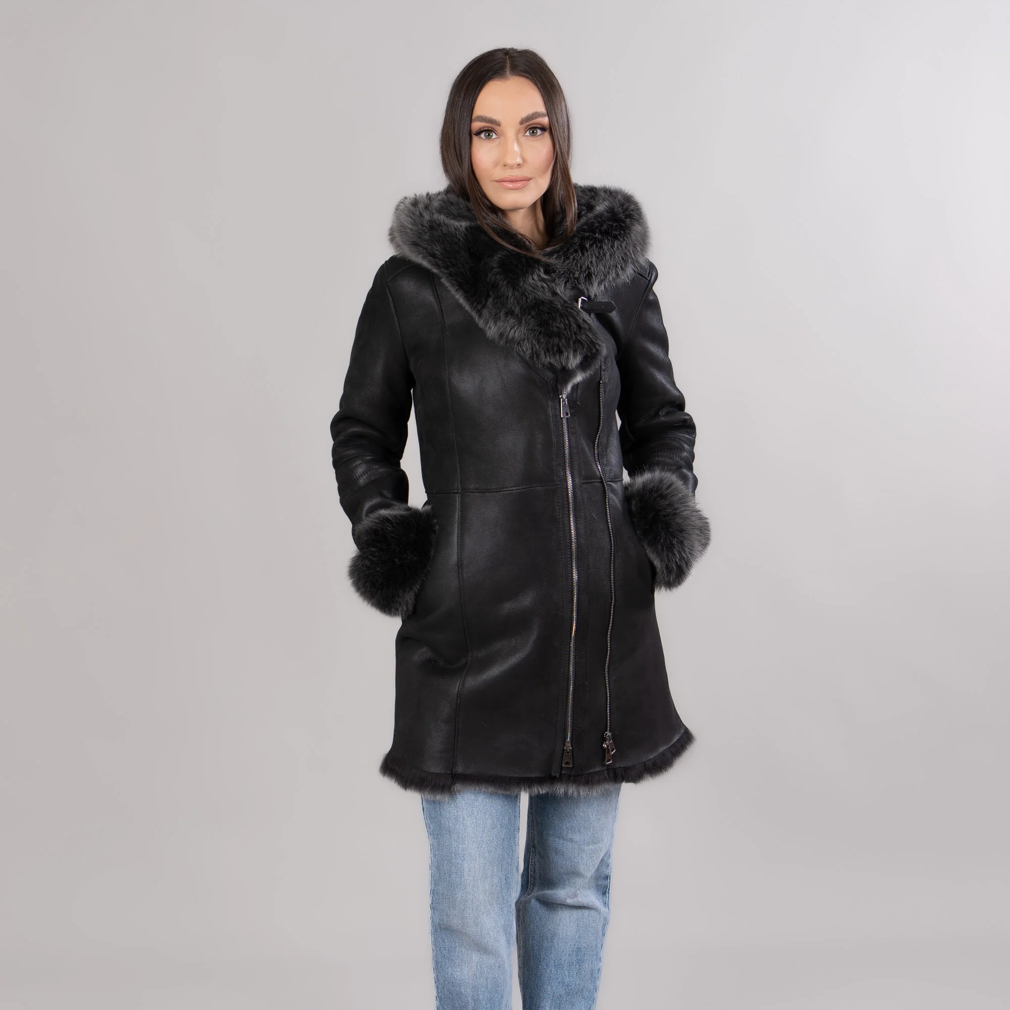 Black sheepskin coat with a hood