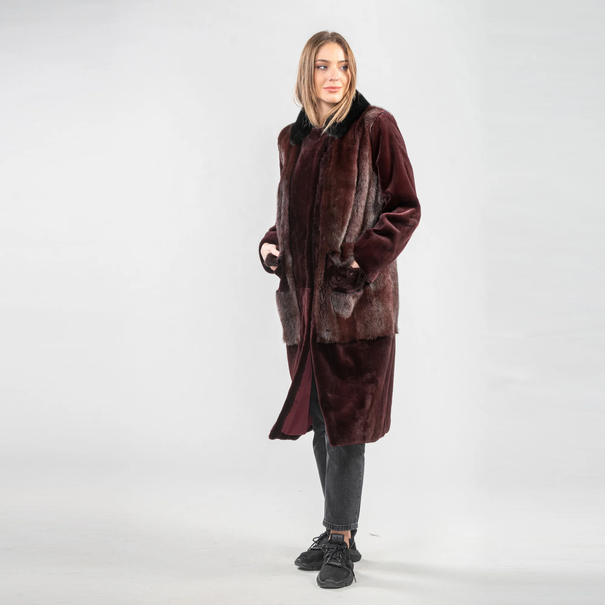 Mink fur coat in burgundy color