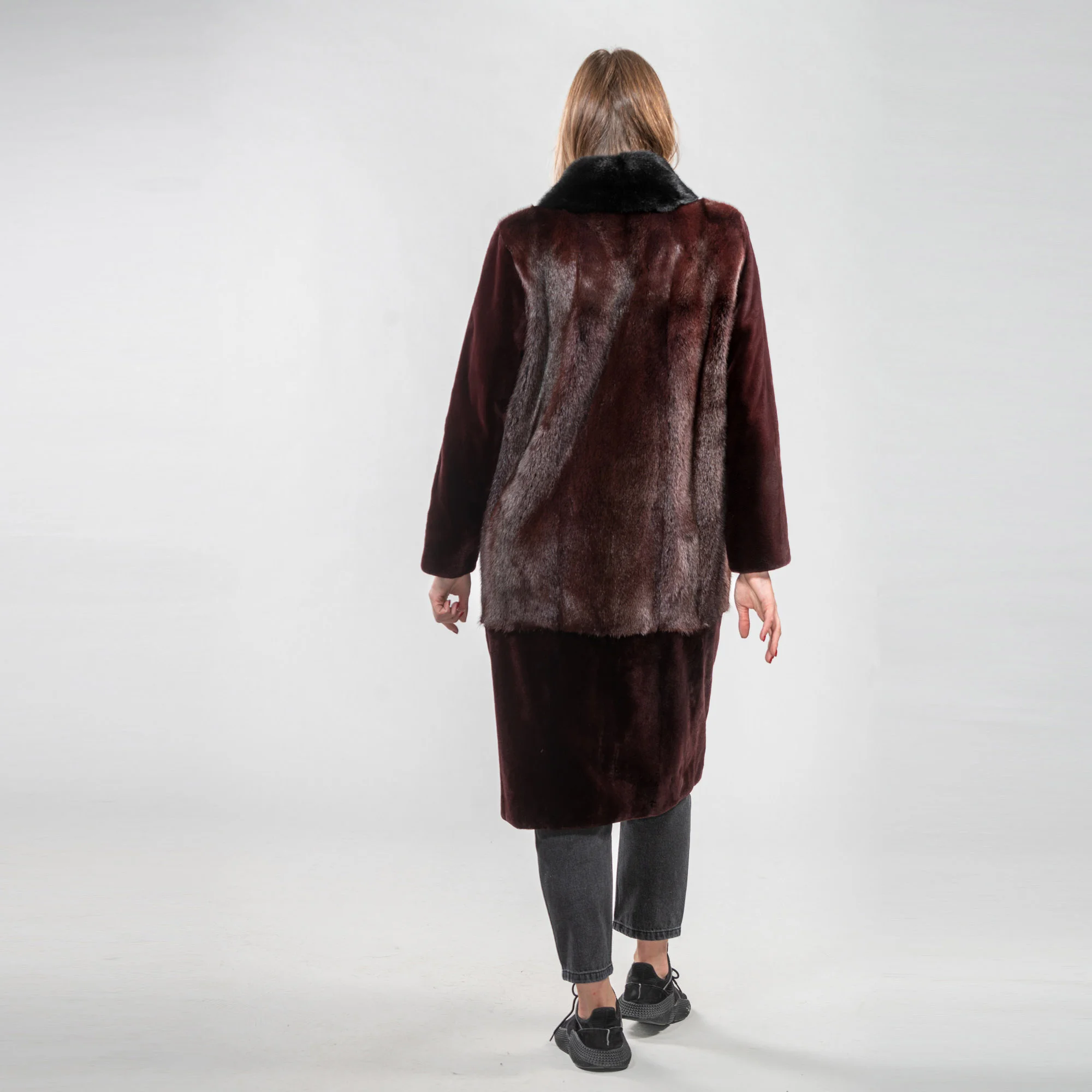 Mink fur coat in burgundy color