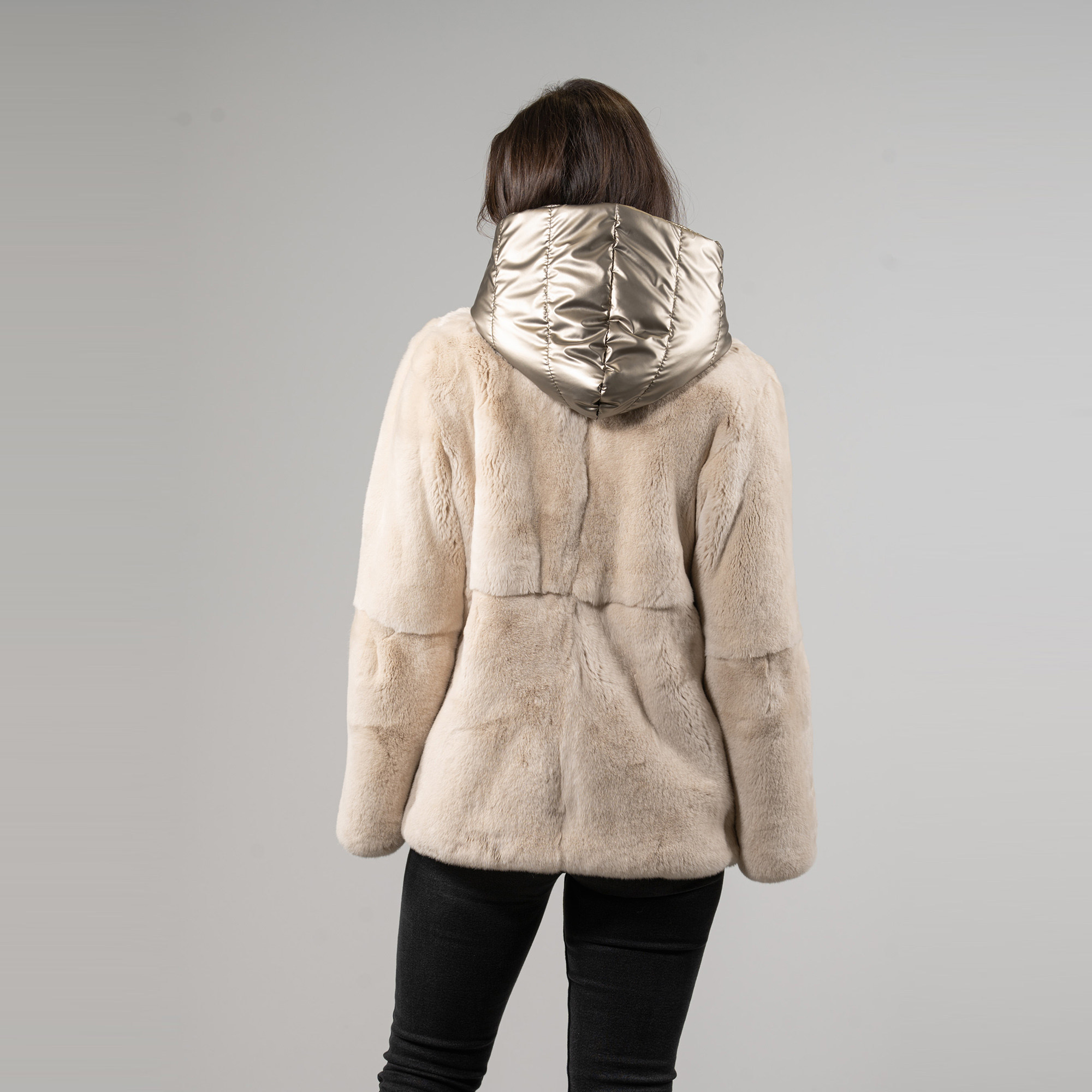 Rabbit fur jacket with a hood in beige color