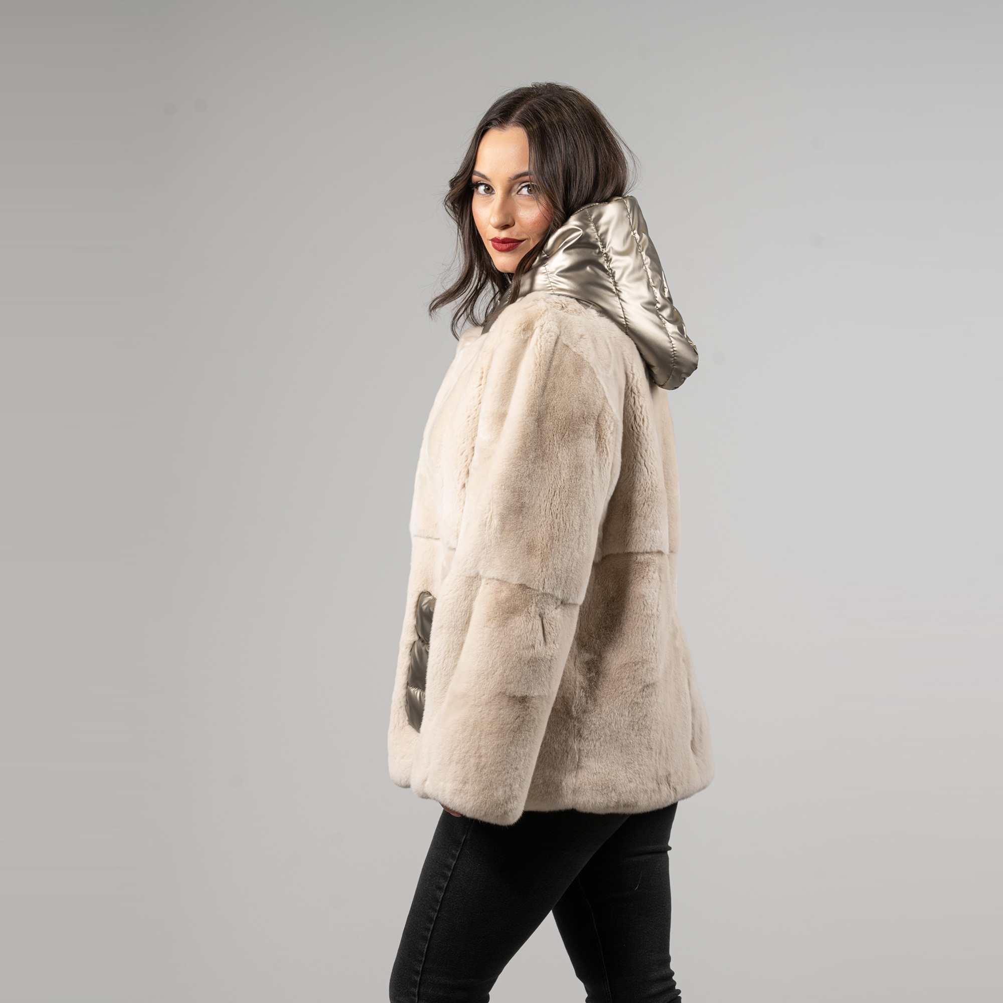 Rabbit fur jacket with a hood in beige color