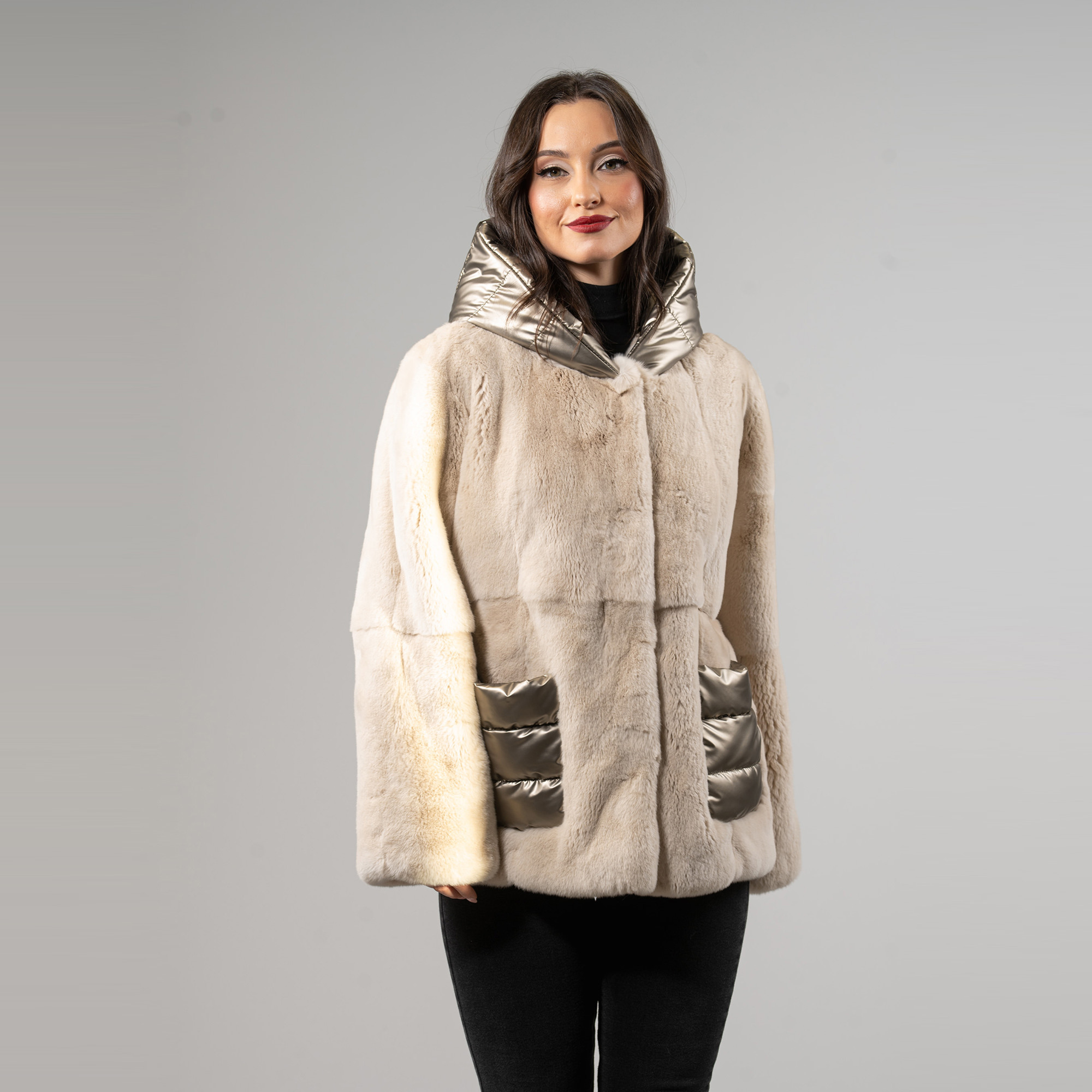 Rabbit fur jacket with a hood in beige color