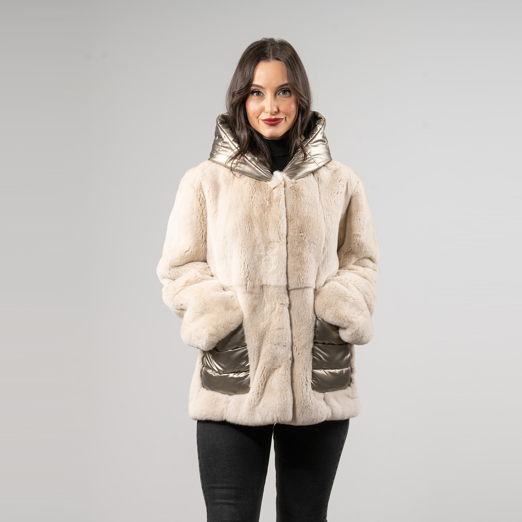 Rabbit fur jacket with a hood in beige color