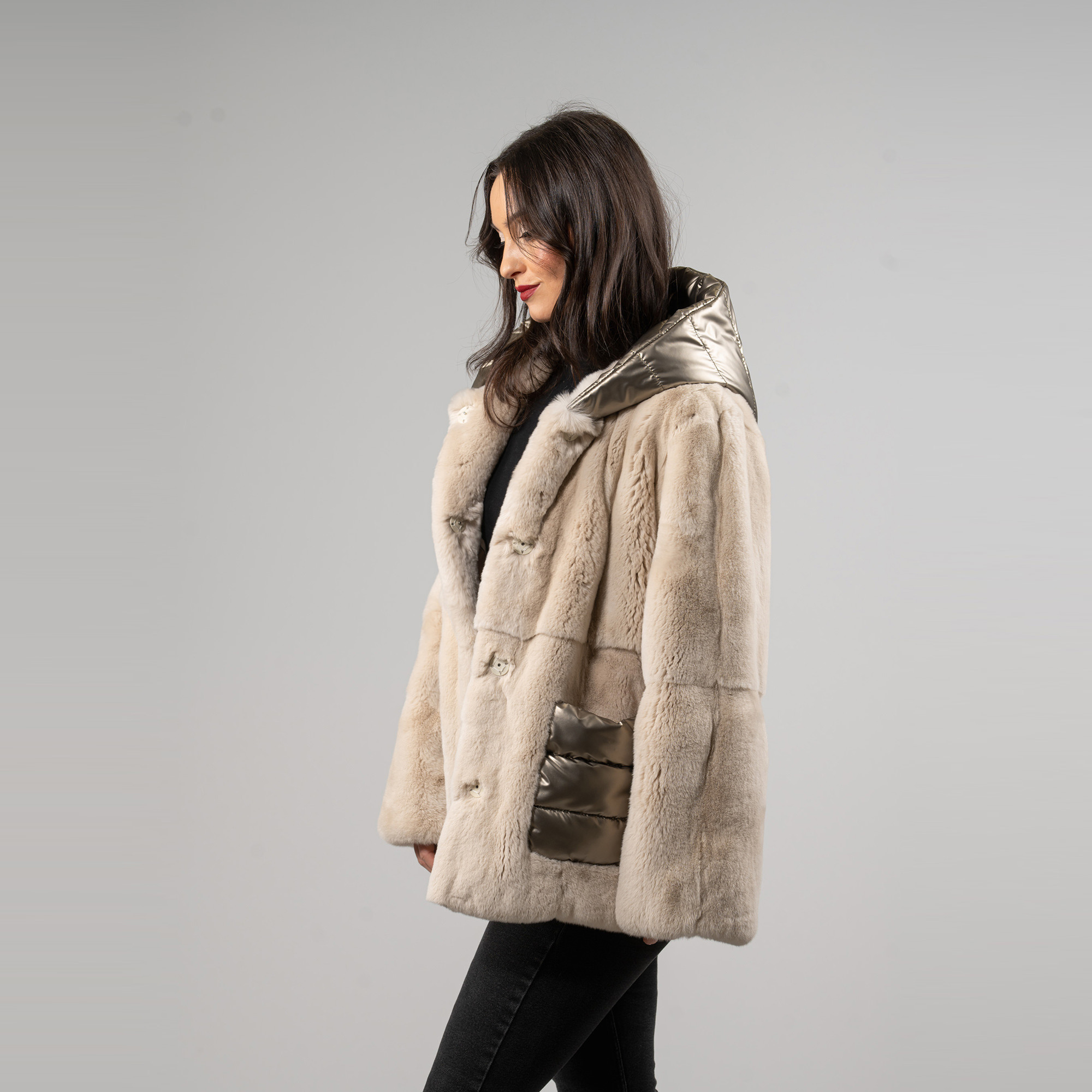 Rabbit fur jacket with a hood in beige color