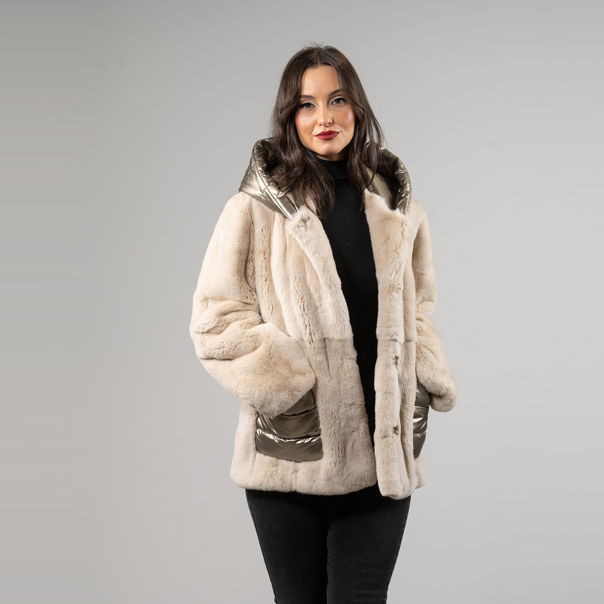 Rabbit fur jacket with a hood in beige color