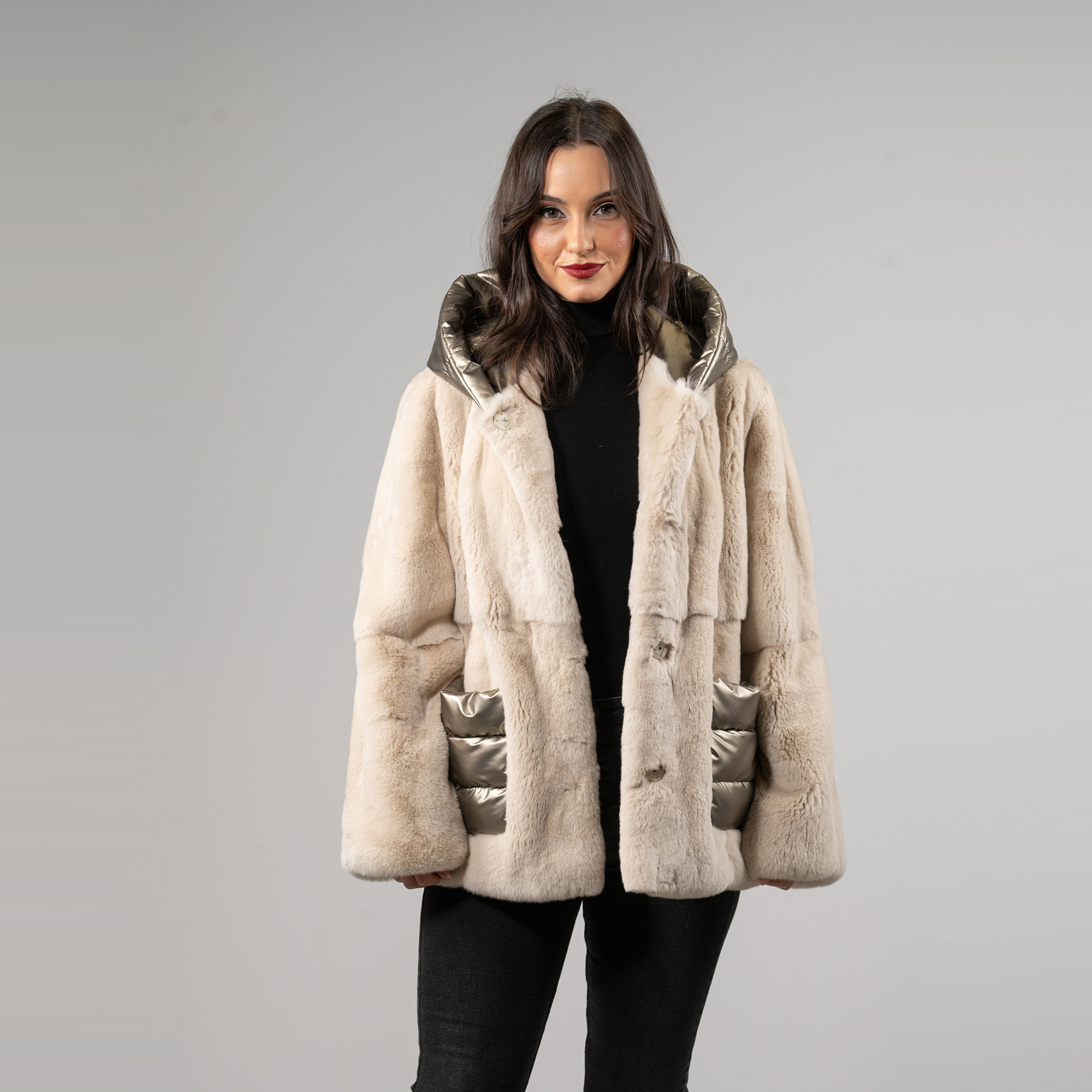 Rabbit fur jacket with a hood in beige color