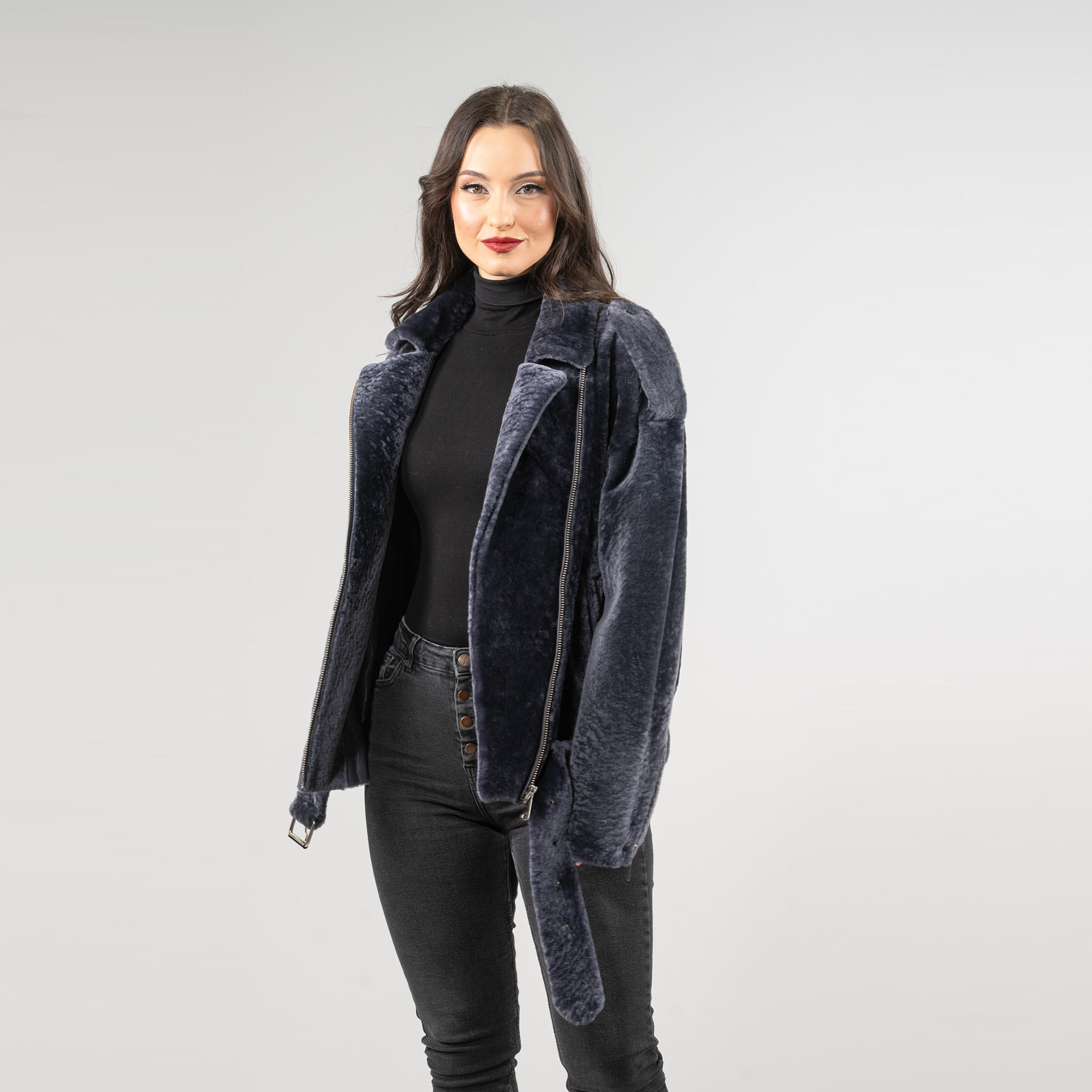 Sheepskin fur jacket in blue color