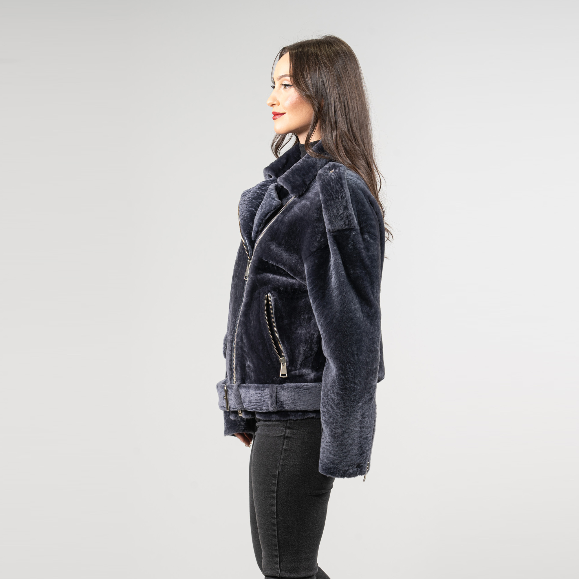 Sheepskin fur jacket in blue color