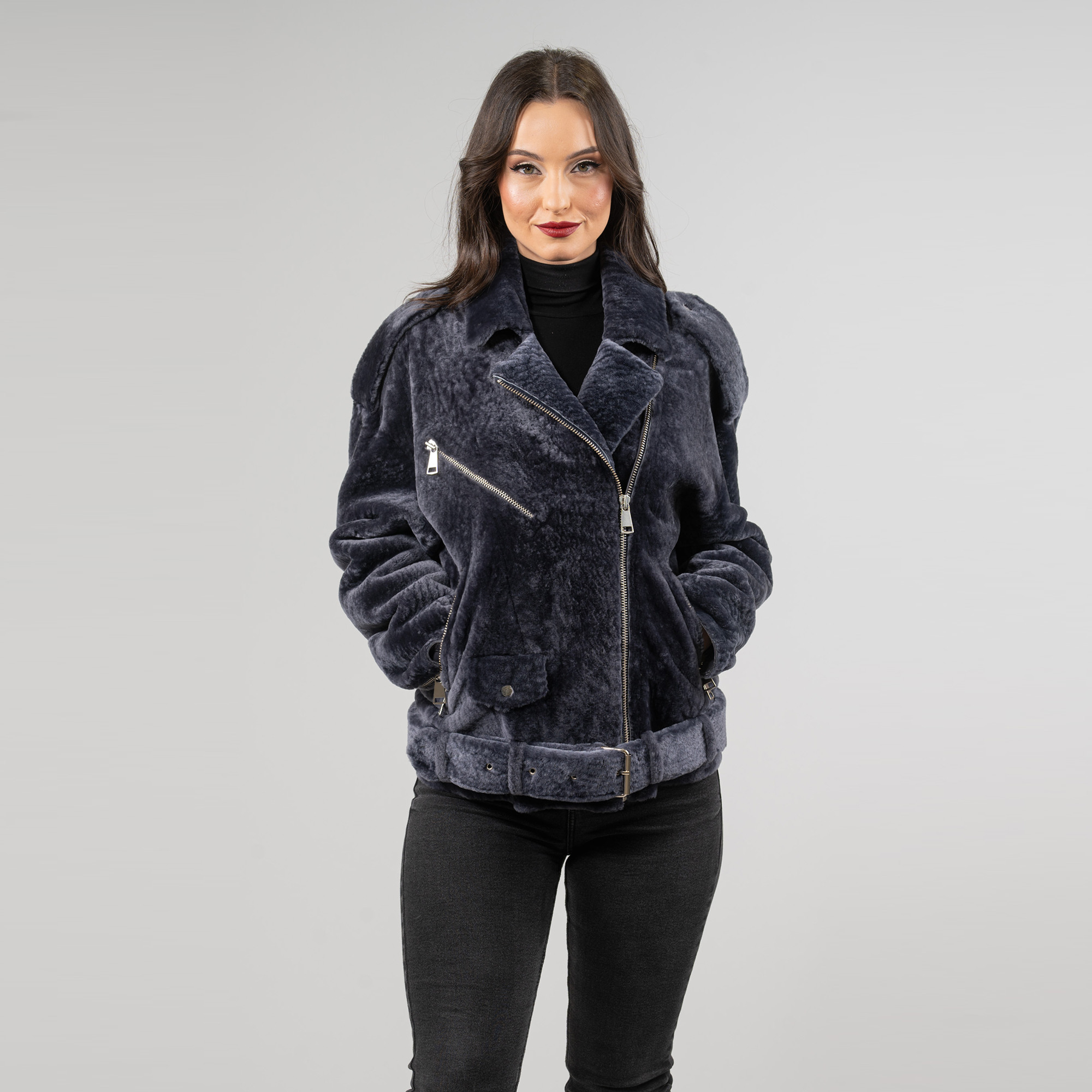 Sheepskin fur jacket in blue color