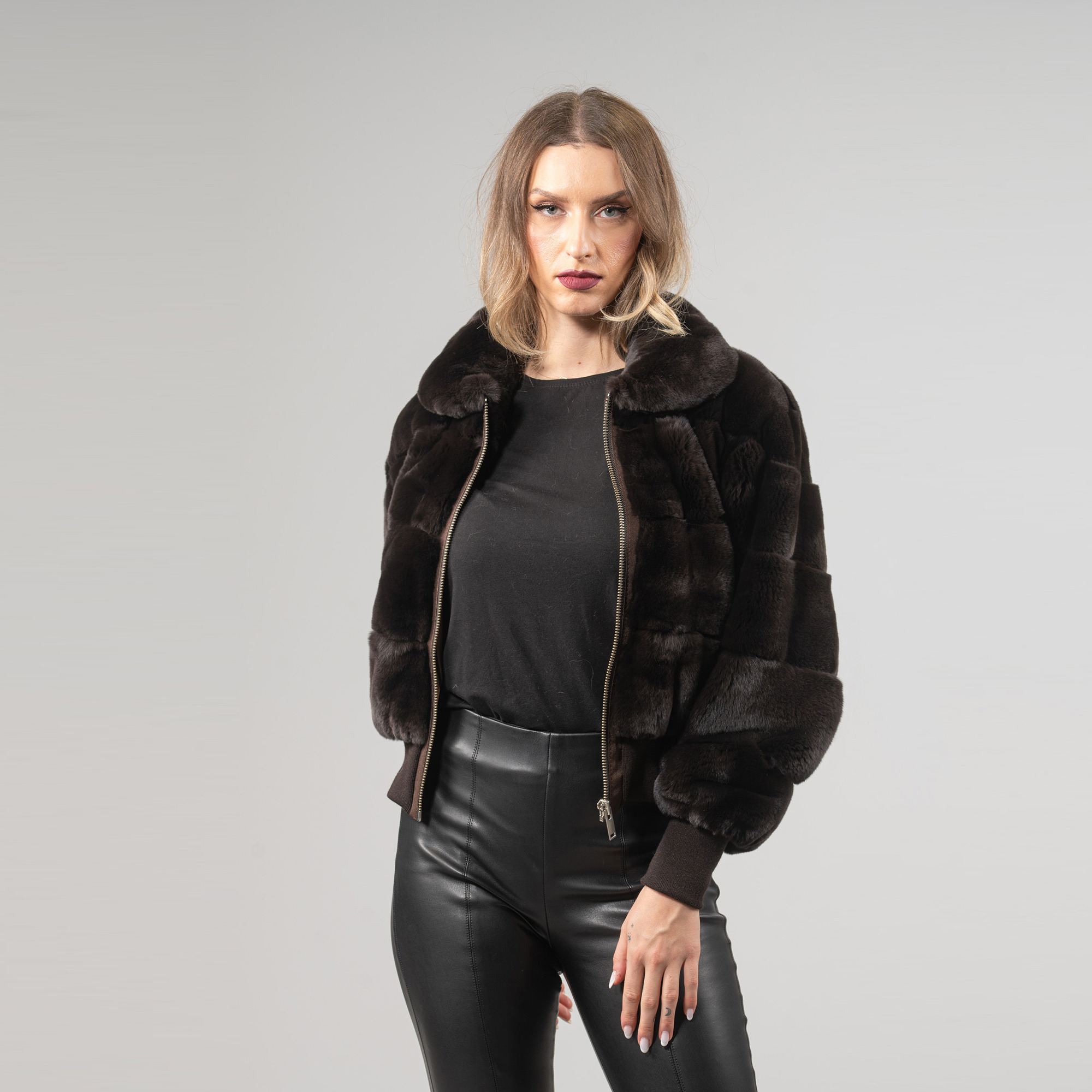 Short rabbit fur jacket in brown color