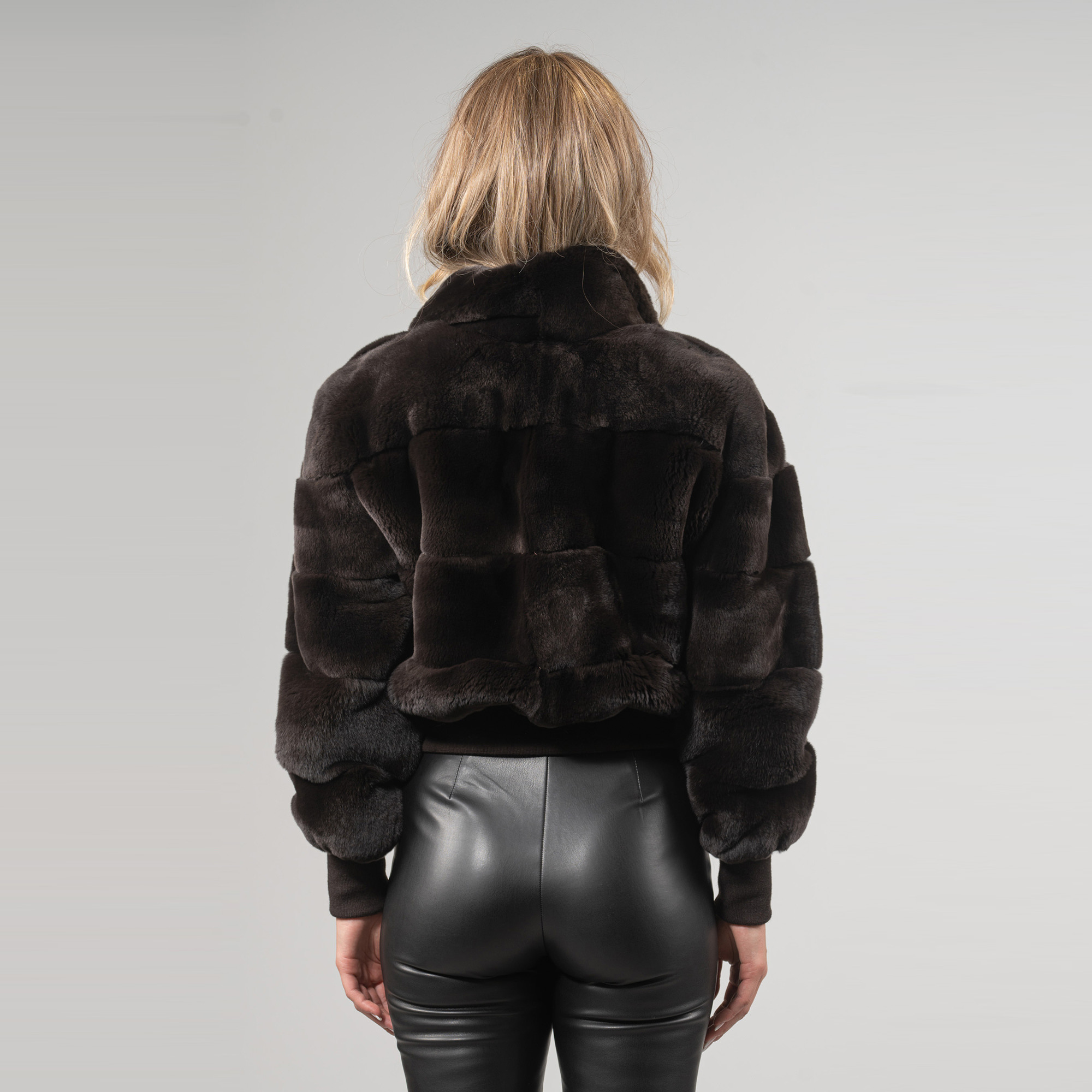 Short rabbit fur jacket in brown color