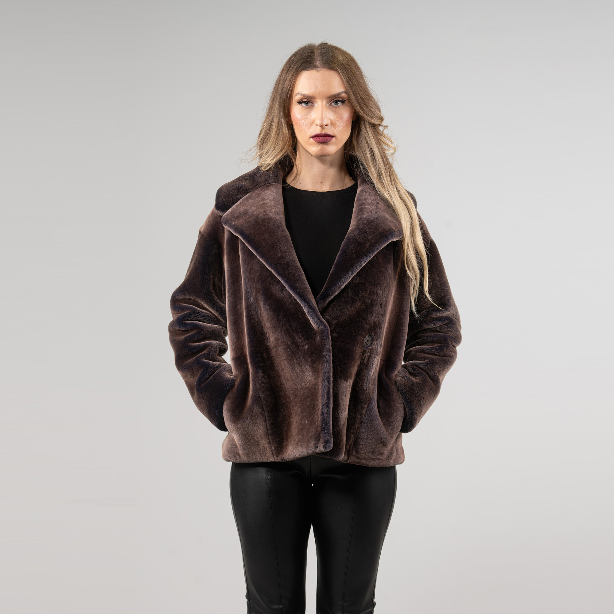 Brown sheepskin jacket with a collar