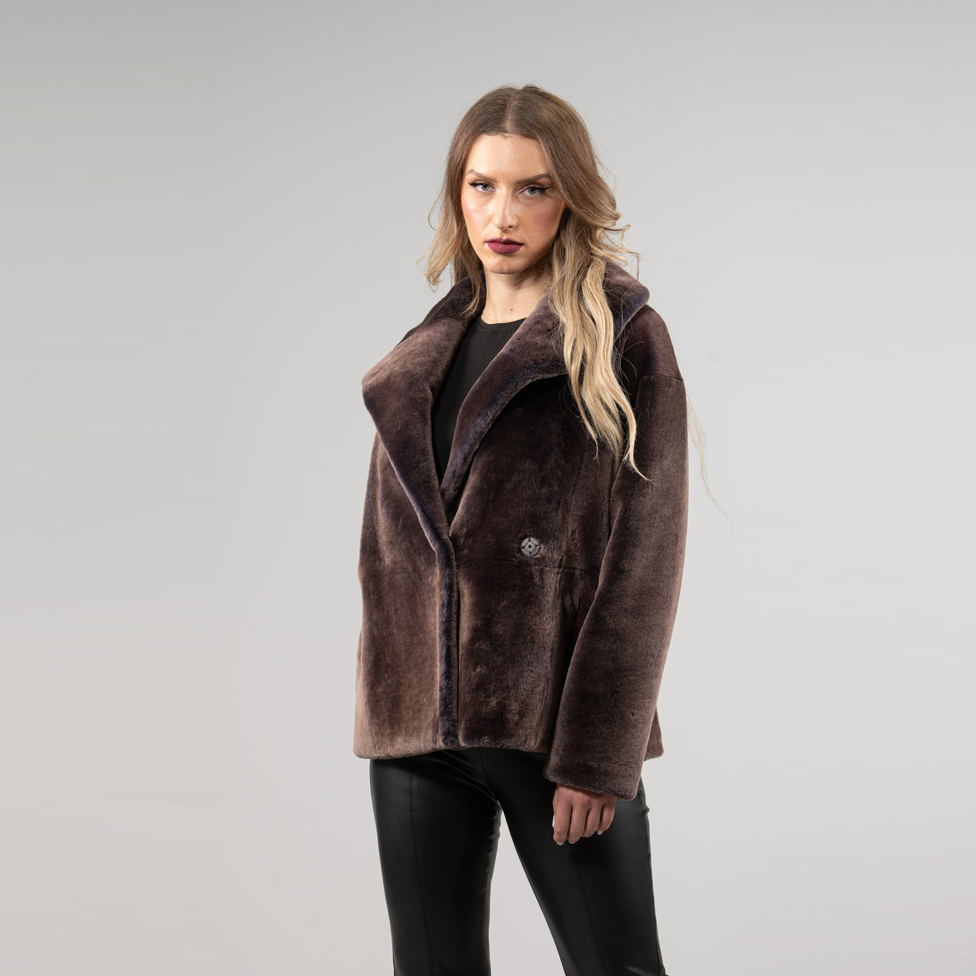 Brown sheepskin jacket with a collar