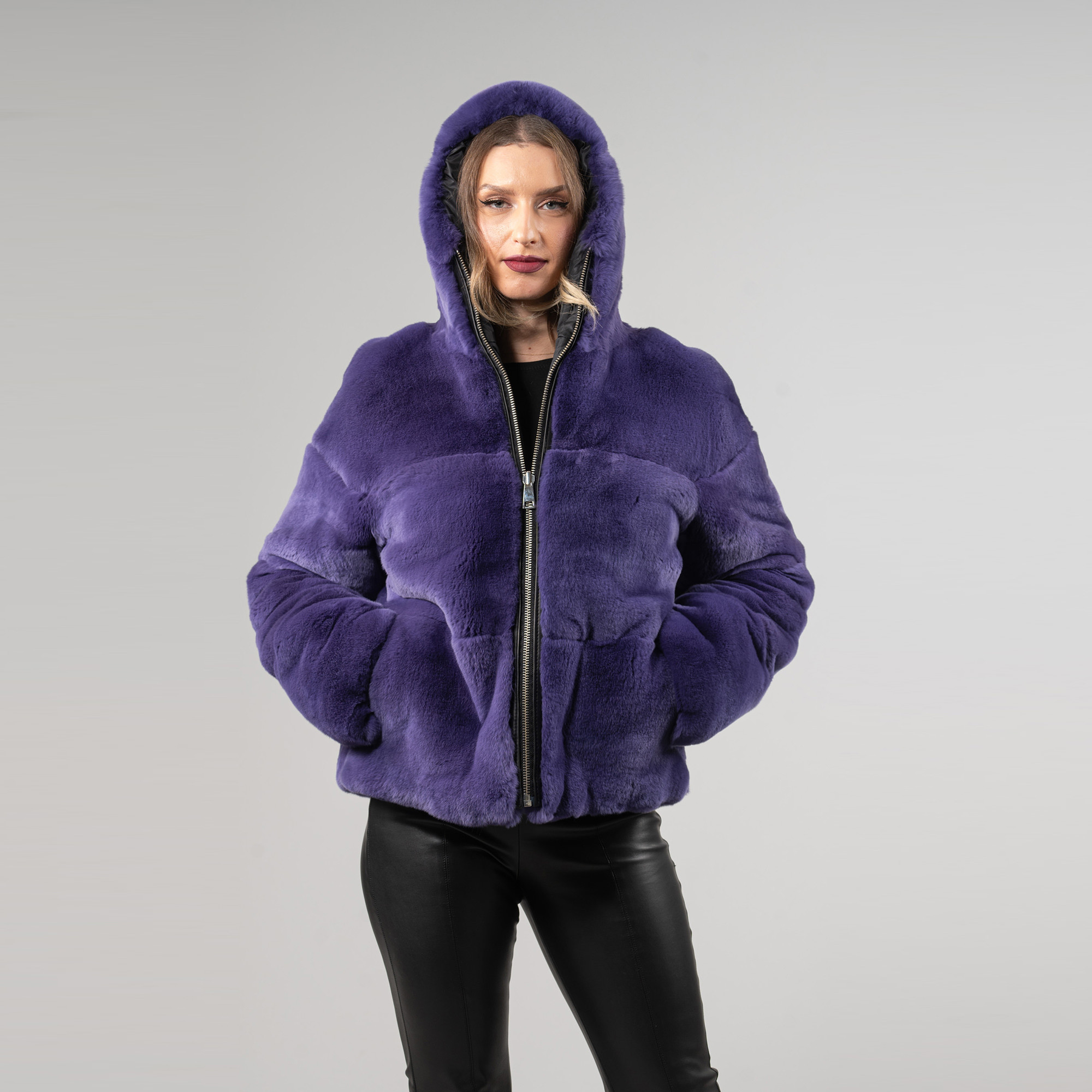 Reversible rabbit fur jacket in a purple color