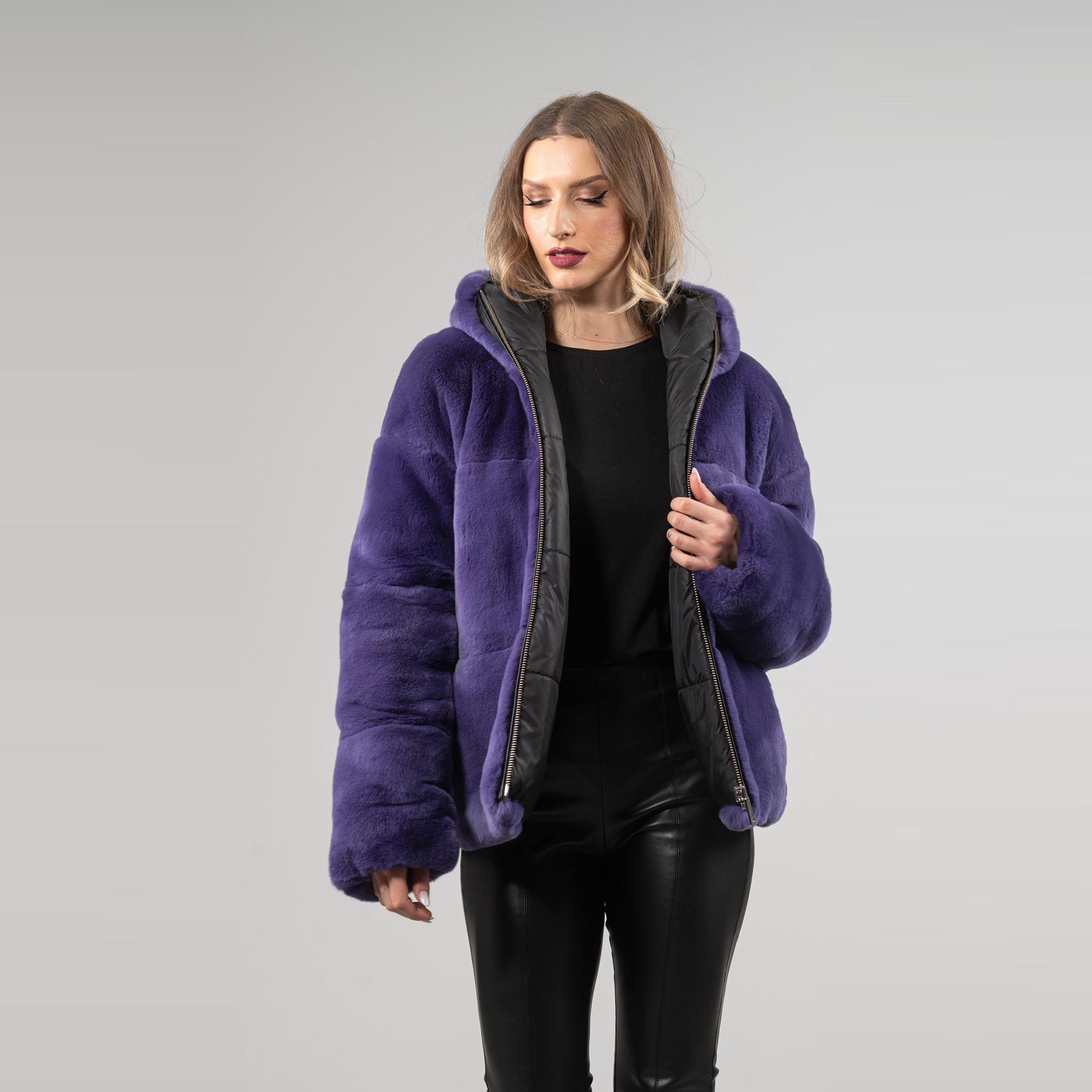 Reversible rabbit fur jacket in a purple color