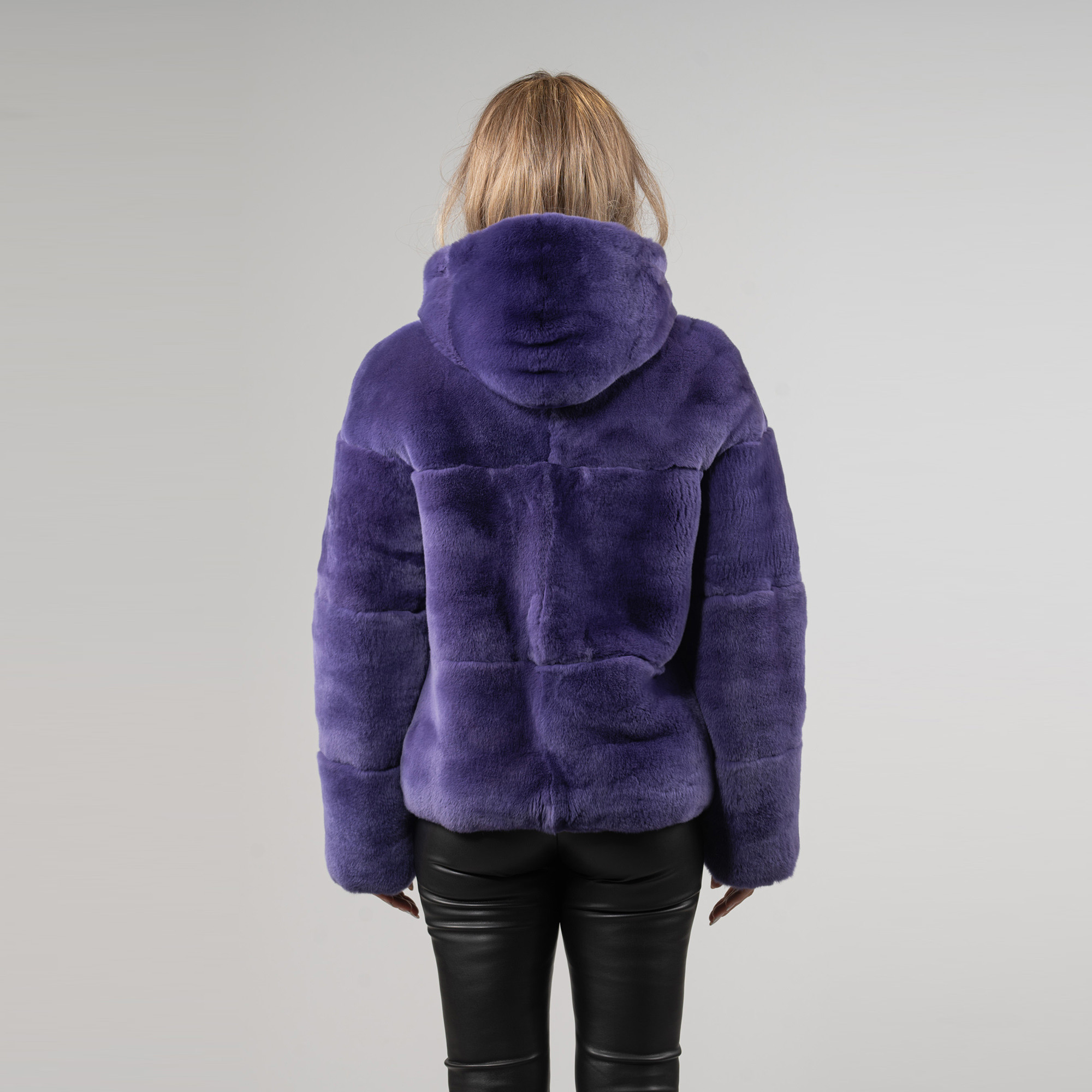 Reversible rabbit fur jacket in a purple color