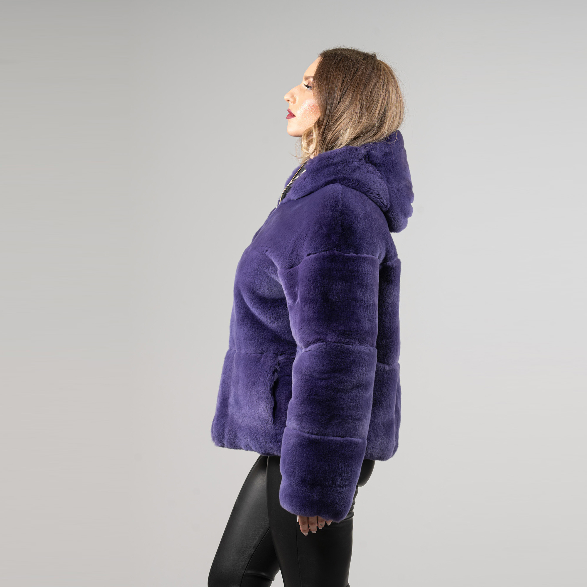 Reversible rabbit fur jacket in a purple color