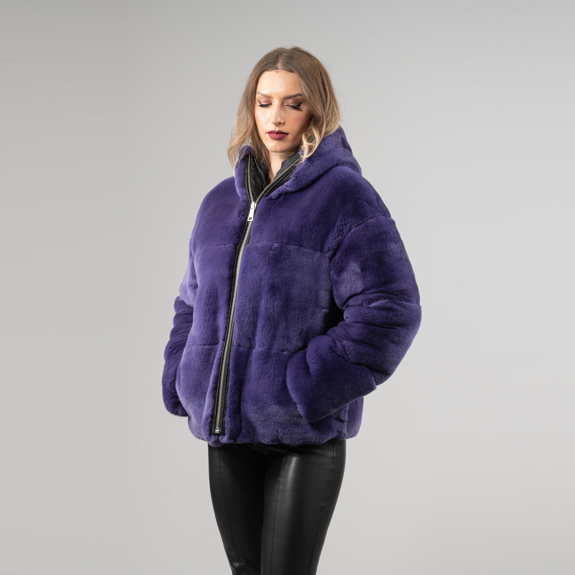 Reversible rabbit fur jacket in a purple color