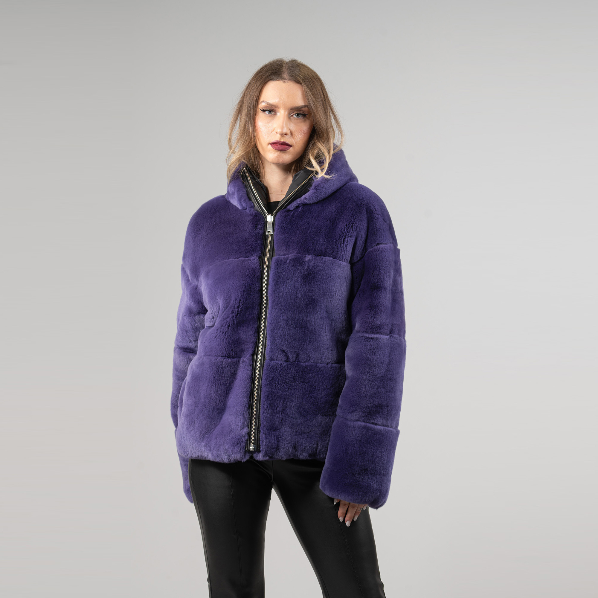 Reversible rabbit fur jacket in a purple color