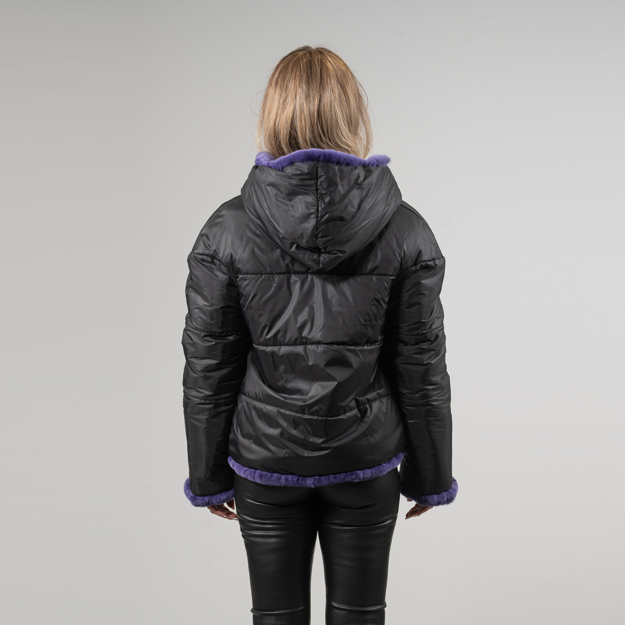 Reversible rabbit fur jacket in a purple color