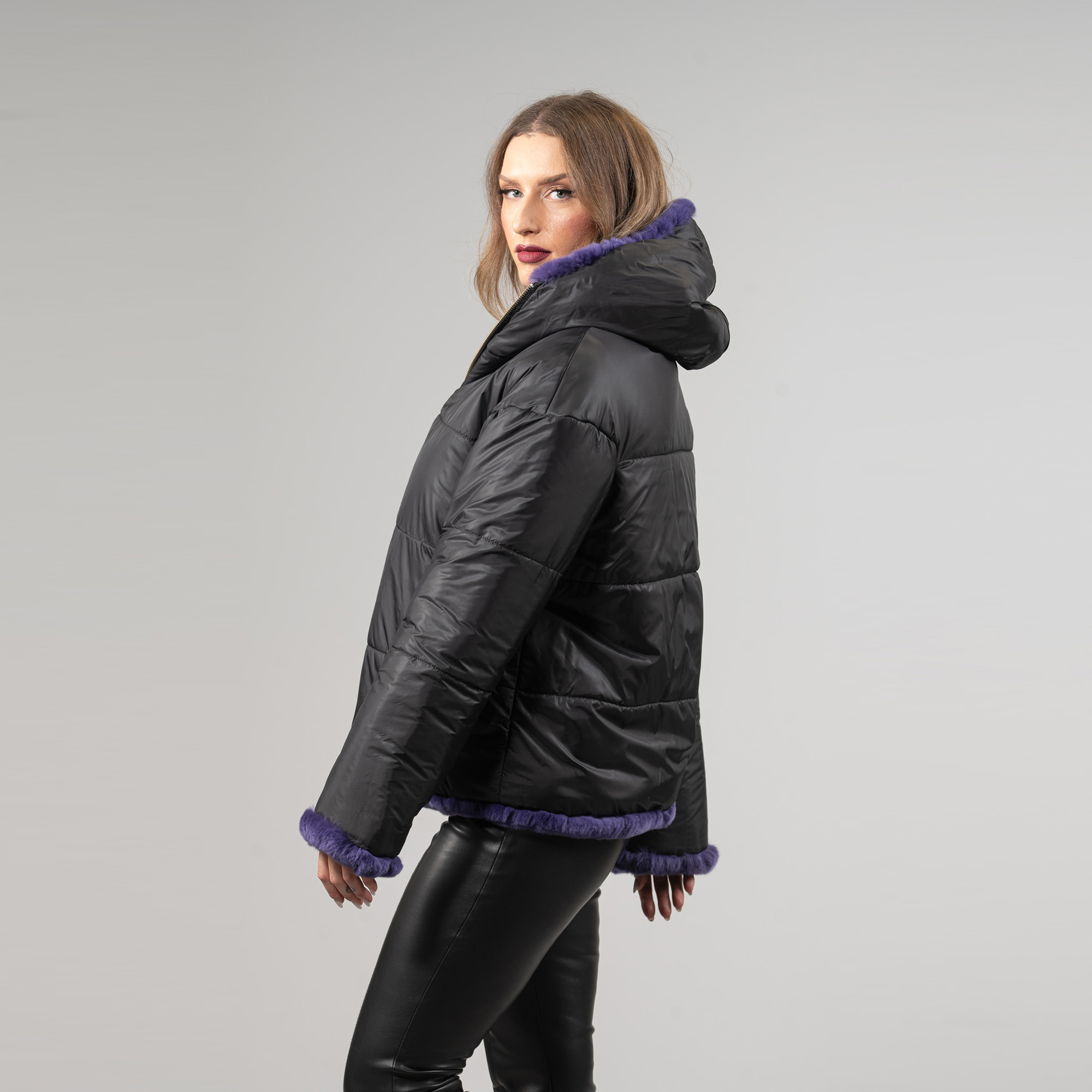 Reversible rabbit fur jacket in a purple color