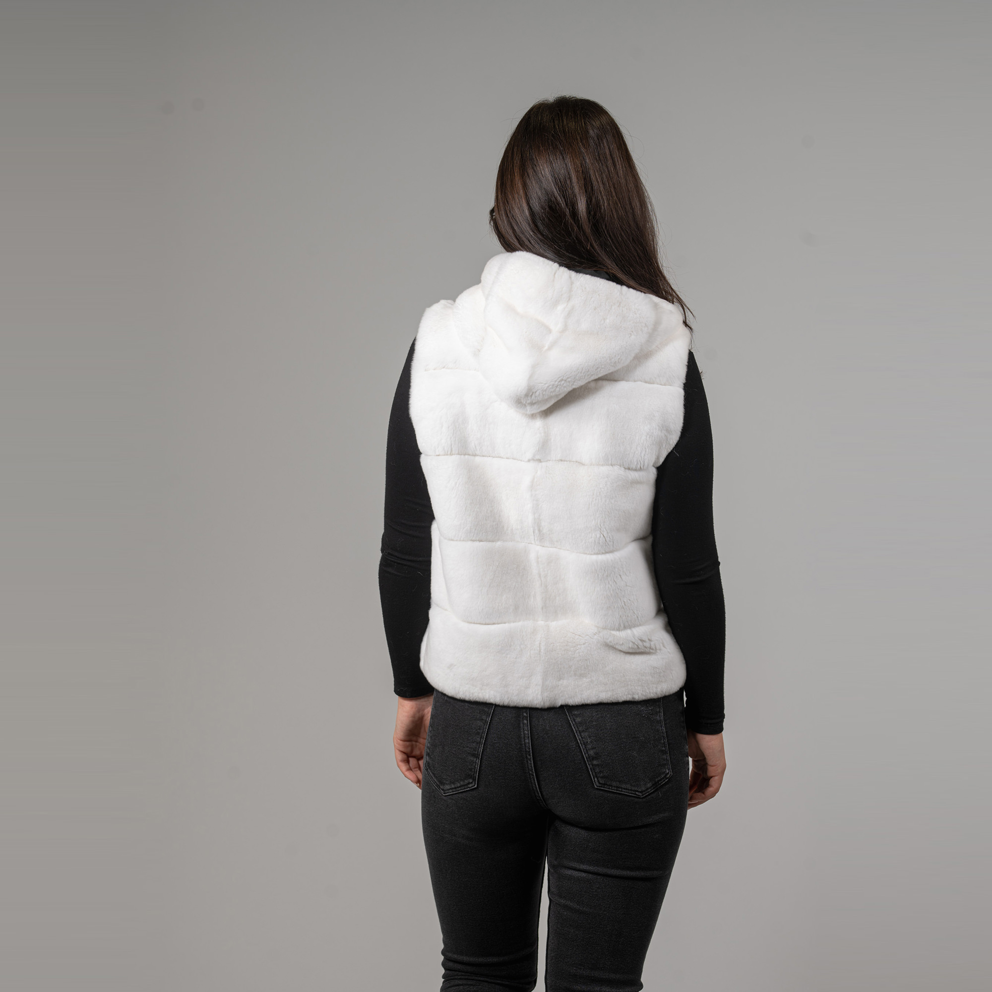 Rabbit fur vest with a hood in white color