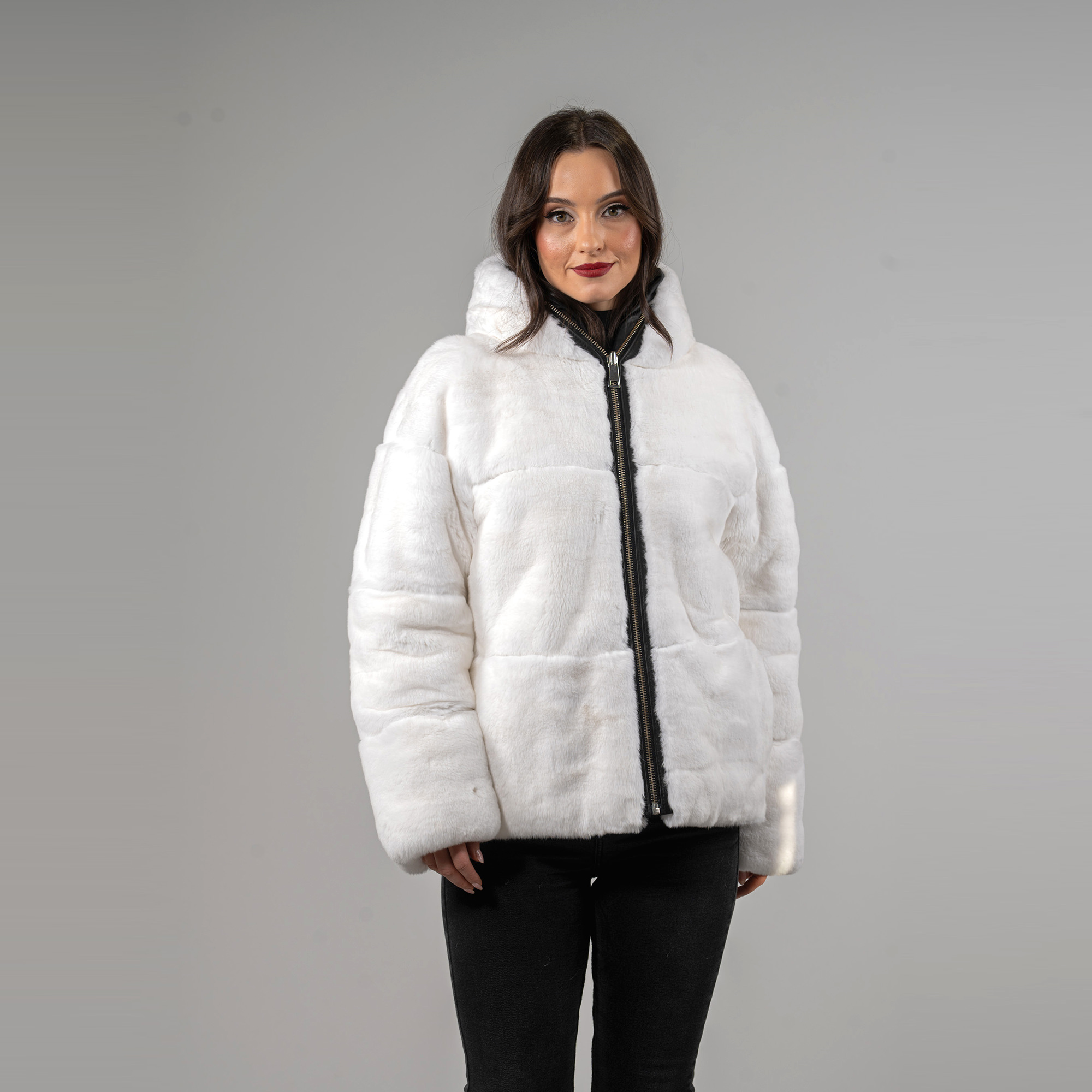 Reversible rabbit fur jacket in white color